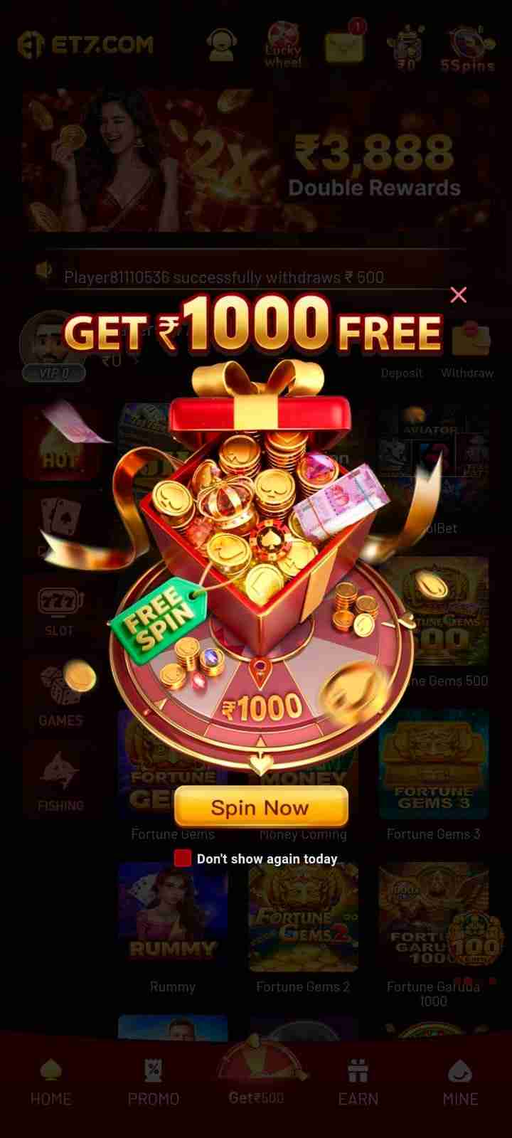 ET7 mobile game promotional screen featuring colorful graphics and a featured game display