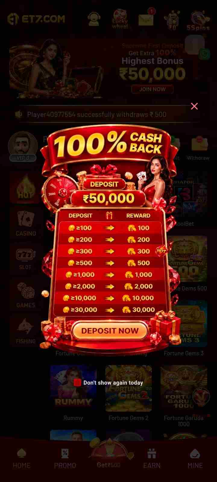 ET7 app promotional graphic with reward details on a dark mobile screen