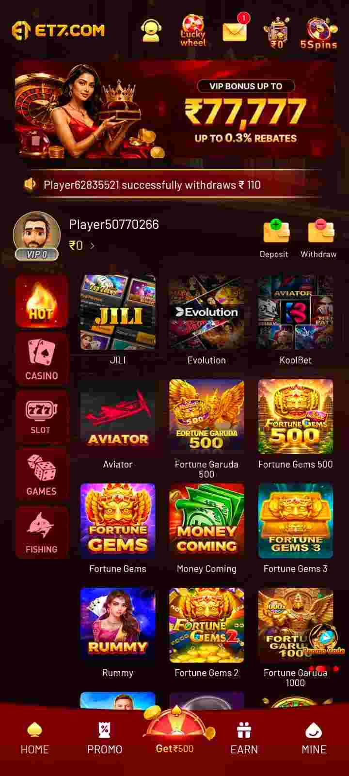 ET7 game mobile interface showing featured game tiles and app navigation icons